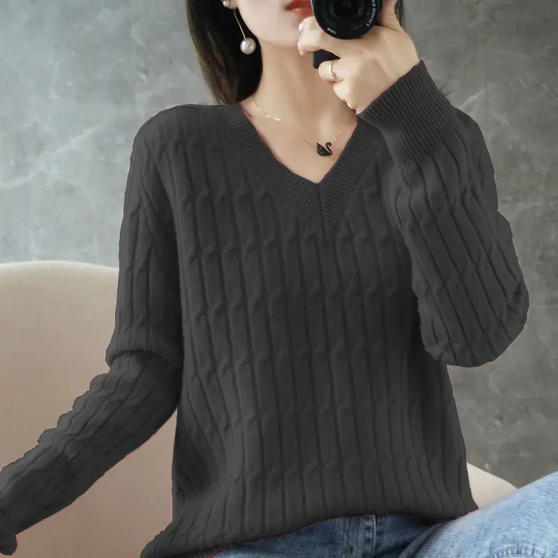 long sweater Women's V-Neck Long-Sleeve Sweater Korean Version Of Loose Versatile Bottom Sweater Large Size Fashion Sweater Autumn And Winter Sweaters