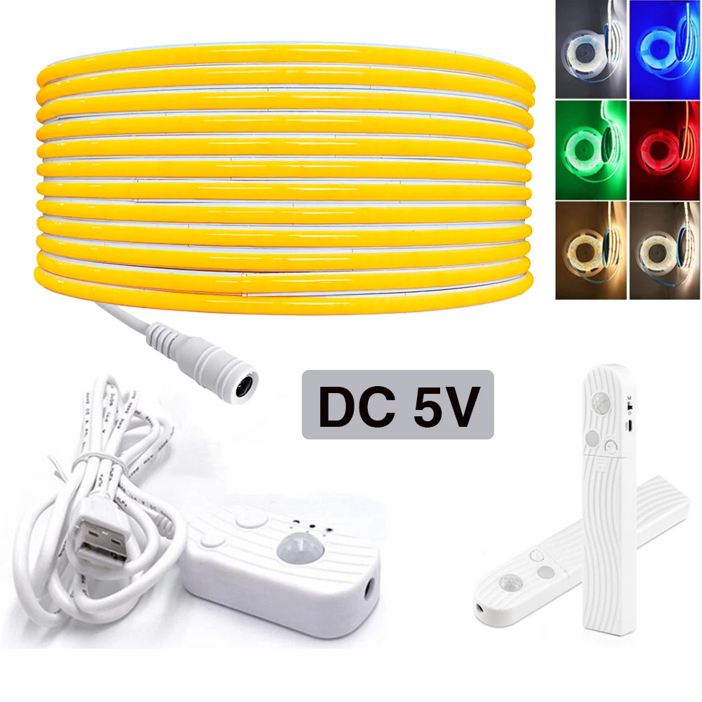 Tira de luces LED COB de alta densidad con Sensor, Flexible de CC 5V, RA alimentada por batería, 320 LED/m, 3000K, 4000K, 6000K, luz FOB roja/azul/verde|Tiras LED| - AliExpress