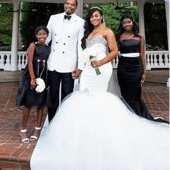 

Lakshmigown African Long Train Mermaid Wedding Gowns Bridal Dresses Off Shoulder Dubai Satin Crystals Wedding Dress Robe 2020