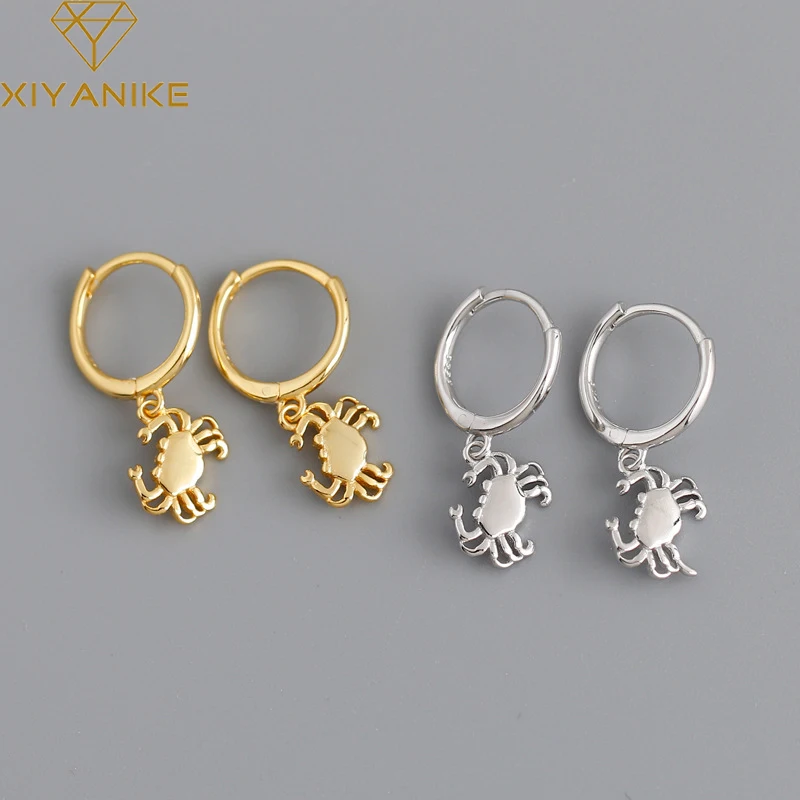 XIYANIKE 925 Sterling Silver Cute Glossy Crab Pendant Hoop Earrings Female Trendy Sweet Ear Jewelry Accessories Gifts For Lovers | Украшения