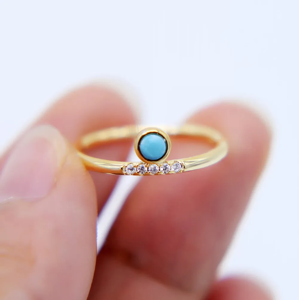 

2019 spring gold color delicate dainty design minimal thin engagement band gold filled turquoises stone girl women fashion rings