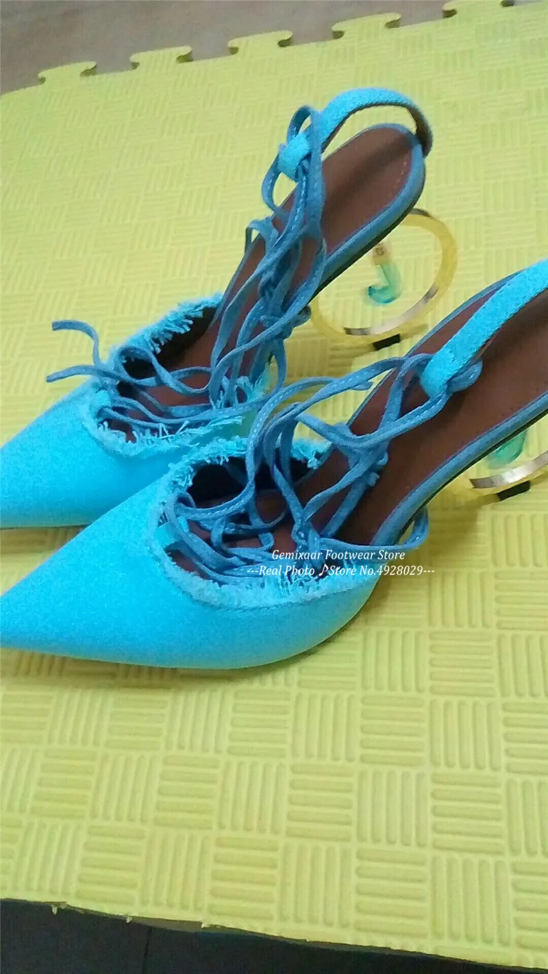 Летние уникальные босоножки на необычном каблуке; женские босоножки с острым носком; sandalia feminina; Праздничная обувь; босоножки с металлическим круглым каблуком и ремешком вокруг щиколотки - Цвет: Blue