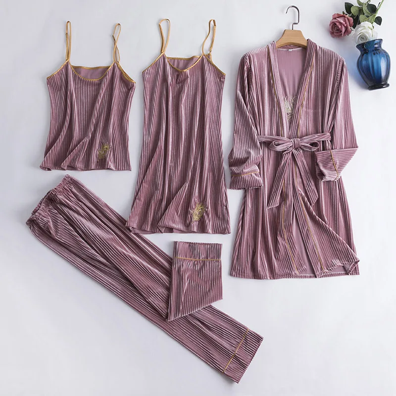 

4 Pieces Women Pajamas Sets Gown & Robe Sleepwear Velvet Nightwear Pyjama Strap Sleep Lounge Set Pijama set