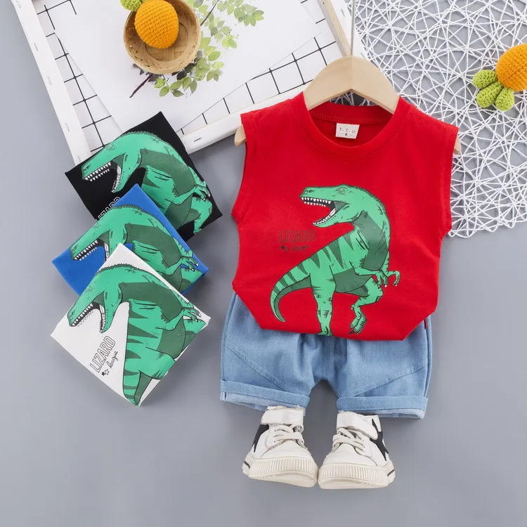 

Toddler Summer Clothes 2020 Children Vest Outfits Sleeveless Cartoon Dinosaur Print Baby Boy Girl Tops+Denim Shorts 2Pcs/set