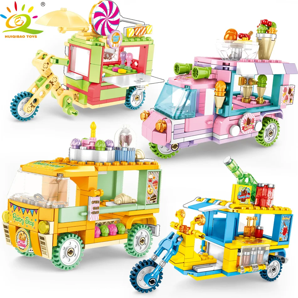 

HUIQIBAO TOYS 542PCS Dining store Dessert Tricycle Shop Building Blocks for Children Legoingly City Street view Truck Bus Bricks