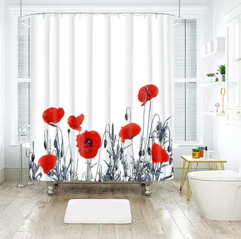 

Poppy Floral Shower Curtain, Flowers Fabric Bath Curtain Decorative Privacy Bathroom Curtains Polyester Machine Washable 72x72