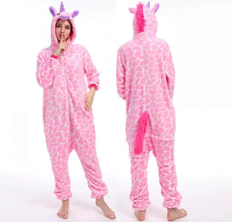Women Unicorn Pajamas Sets Kigurumi Flannel Animal Pajamas Kids Women Winter Nightie Hooded Pyjamas Sleepwear Cartoon Homewear - Цвет: Stone Pink TianMa