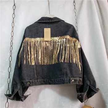 

2020 Spring New Loose-Fit Retro BF Wind Jacket Batwing-Sleeve Sequined Fringed Cropped Denim Jacket Women's Jean Jacket Coat