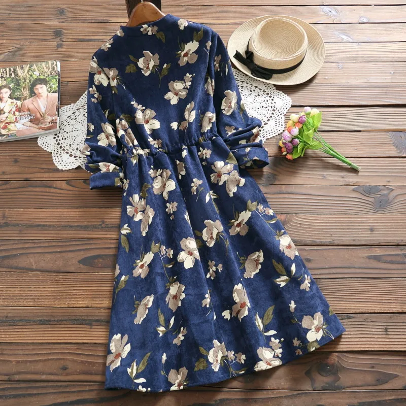 

Fall And Winter Clothes Mori Girl Line Artistic Retro Printed Corduroy Thick plus Velvet Stand Collar Dress Fashion 90499