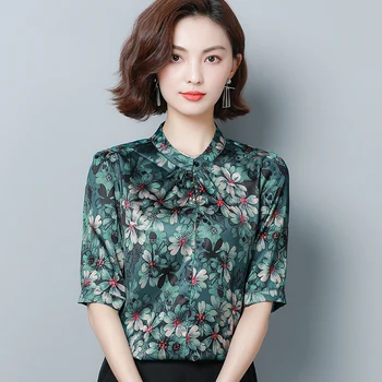 

silk printed women blouse 2020 vintage new half-sleeved slim lady elegant pulls outwear coat tops overisze 4XL