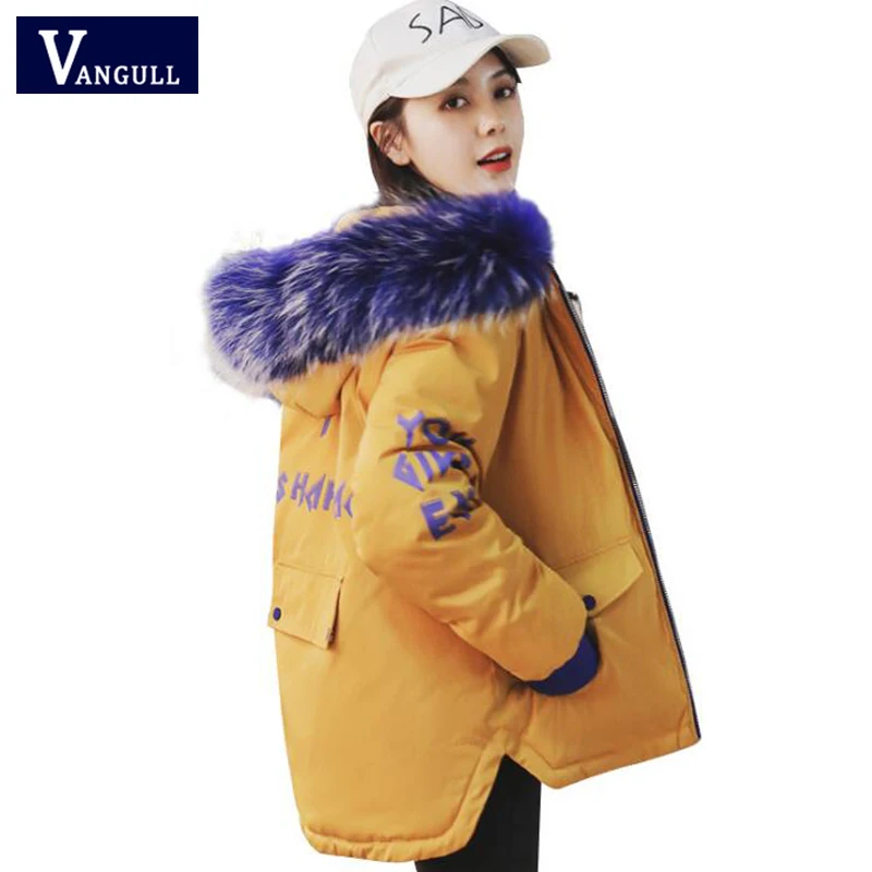 

Winter Parkas Women Long Coat Jacket 2018 New Thick Coats Female Fashion Fur Collar Letter Print Big Pocket Color Block Outwear