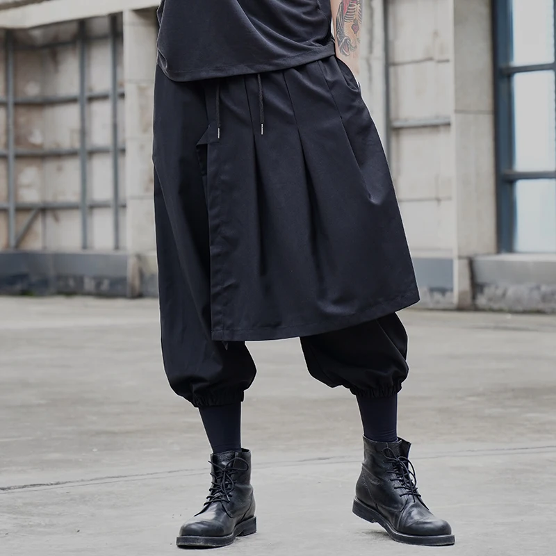 

Men's nine minute trousers spring/summer Yamamoto style fake 2 pieces culottes men's small foot trousers loose haren trousers