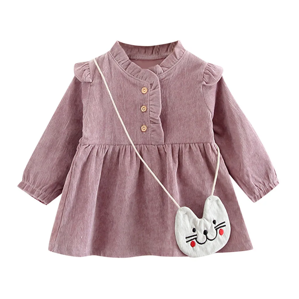 Платье для маленьких девочек vestido Infantil Menina فساتين اطفال осеннее модное платье с длинным рукавом, сплошной оборкой платье принцессы+ сумочка, Комплект одежды