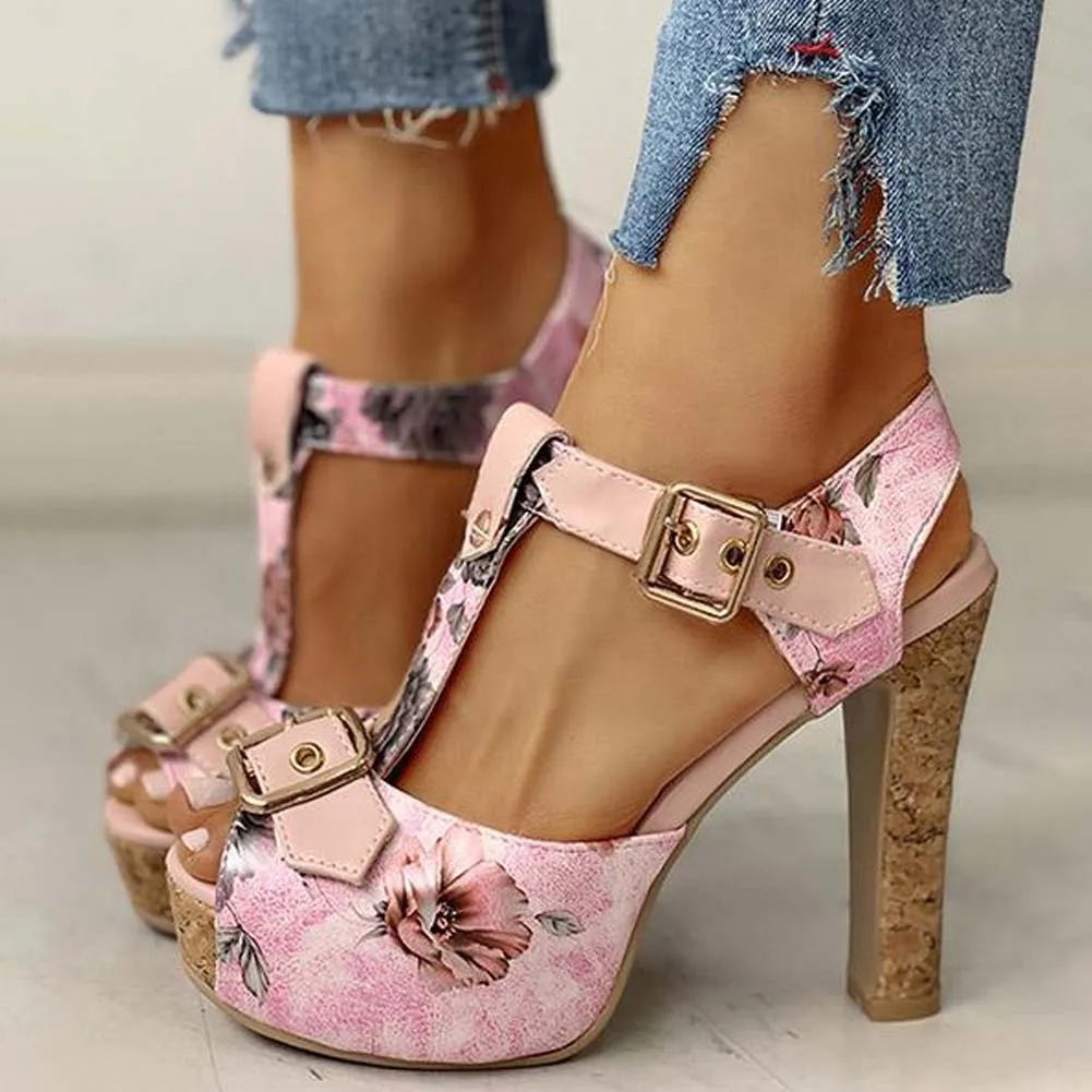Brand Design Ladies Classic Summer Sandals Platform Thick High Heels Sandals Women 2021 Fashion Print Party Sexy Shoes Woman