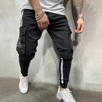 

Oeak Men Black Jeans Letter Printed Pocket Jogger Denim Trousers Hip Hop Design Men Pant Striped Pencil Pants Male Streetwear