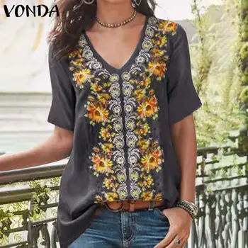 

VONDA Vintage Floral Printed Tunic Womens Tops And Blouse 2020 Summer Shirts Female Short Sleeve Tops Plus Size Blusas S-5XL