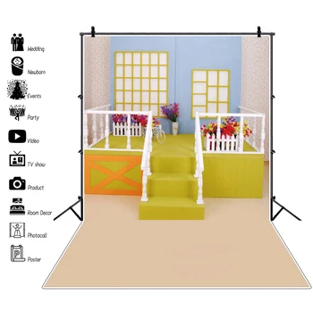 

Laeacco Pink Floor Baby Playing Room Spring Gray Wood Flowers Warm Decor Staircase Baby Interior Photo Background Photo Backdrop