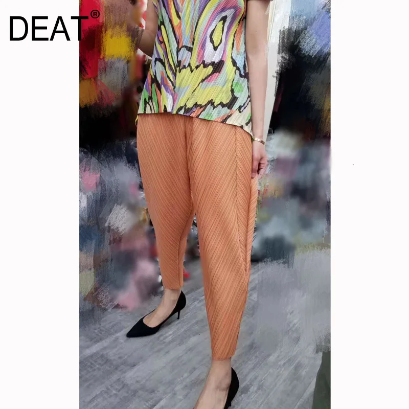 

[DEAT] 2019 New Pattern Fashion Trend Nine Point Solid Color Slim Thin Vintage Elastic Waist Pleated Women's Pencil Pants AT162