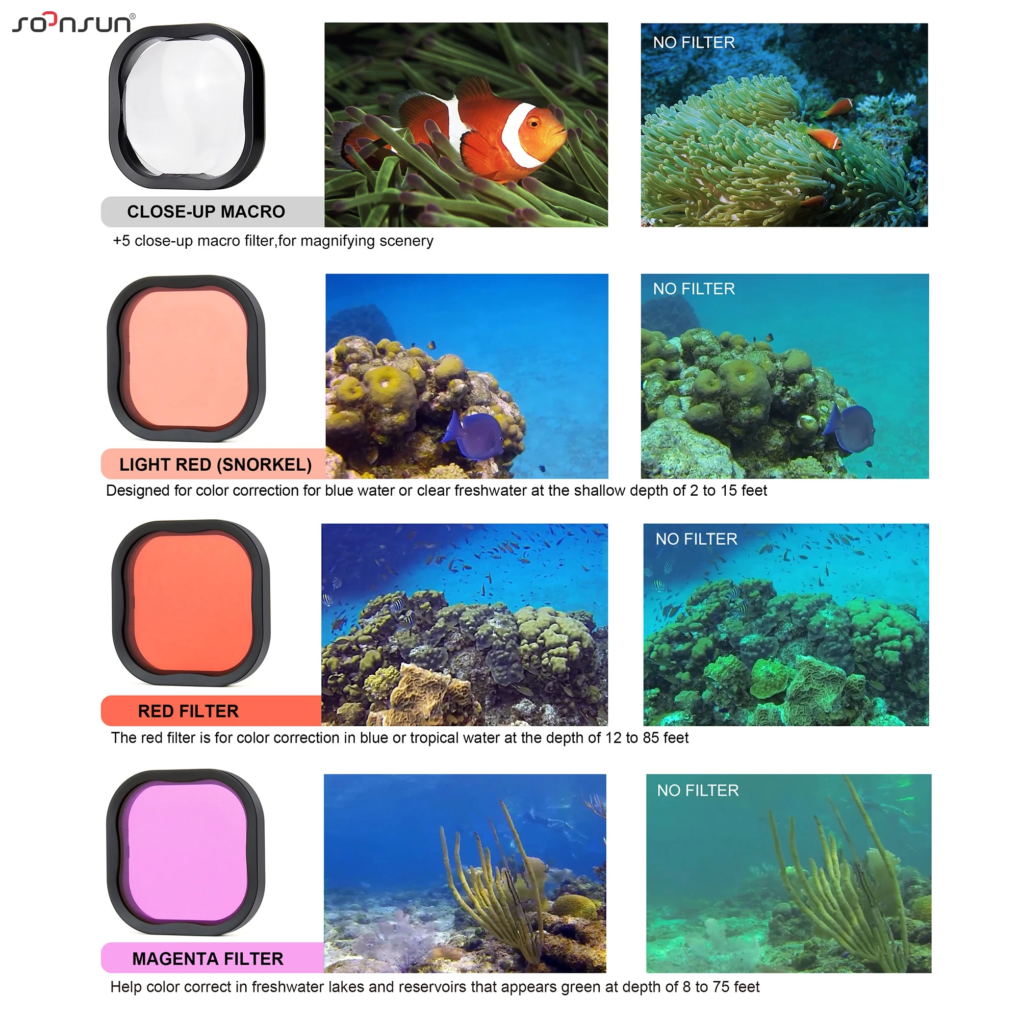 SOONSUN Filter Kits for GoPro Hero 13 12 11 10 9 8 Black Magnifier Red Magenta Diving Color Filters for Go Pro Housing Filters camera lens filter color filter