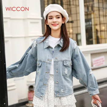 

2020 Spring Autumn Short Jacket Korean Version New Loose Female Long Sleeve Casual Hole Turn-down Collar Denim Jackets Coats