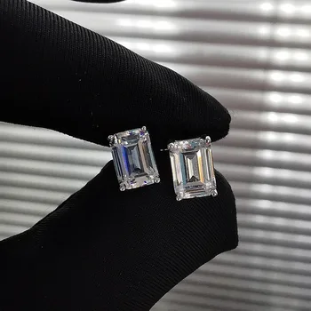 

Real 925 Sterling Silver Stud Earrings Emerald cut Simulated Diamond Earrings for women female Jewelry gift