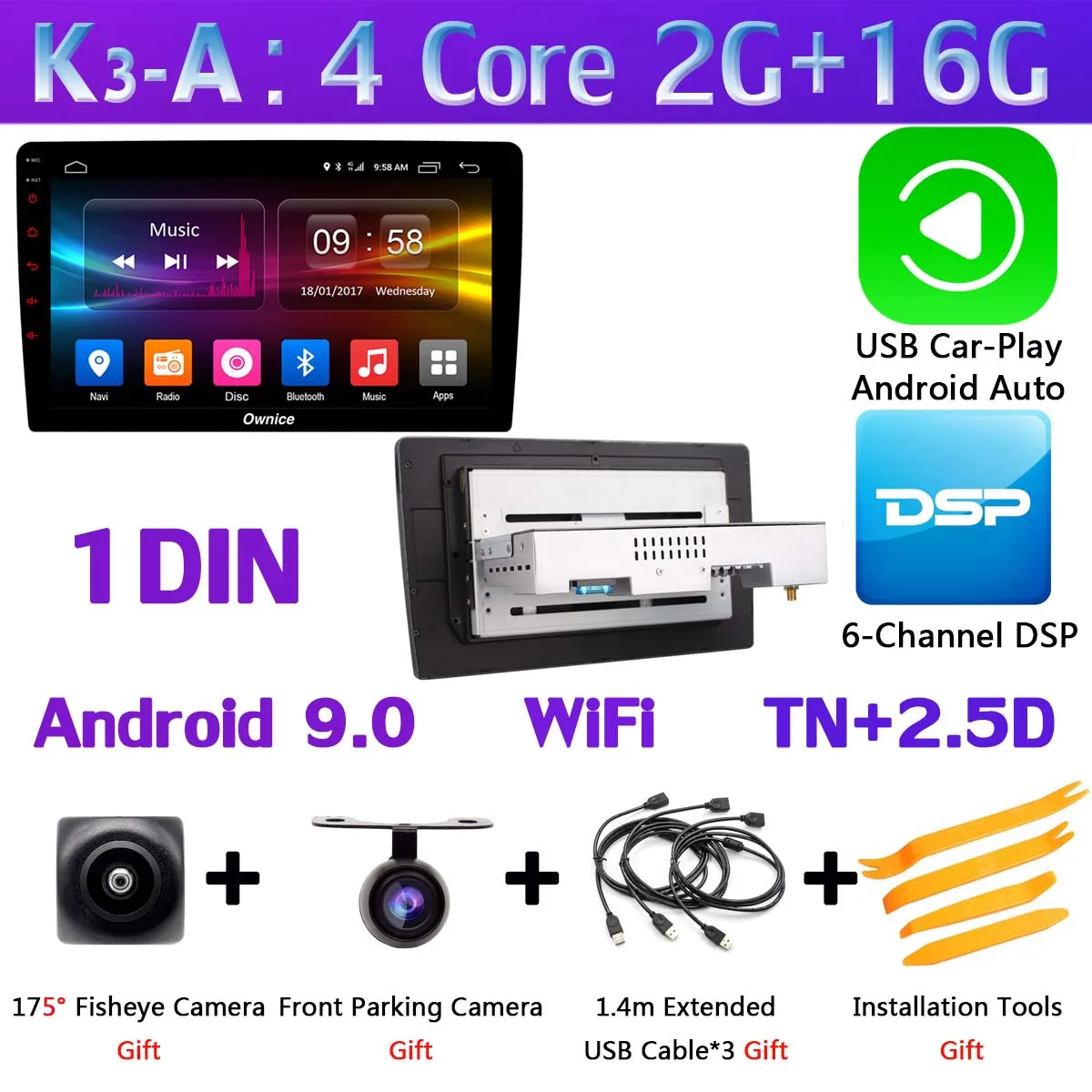 1 Din-K3-A-CarPlay Ownice K3 ультратонкий 1 din Android 9,0 Quad/Octa Core 4G+ 32G Автомобильный мультимедийный плеер WiFi радио стерео gps навигация DSP CarPlay - Цвет: 1 Din-K3-A-CarPlay
