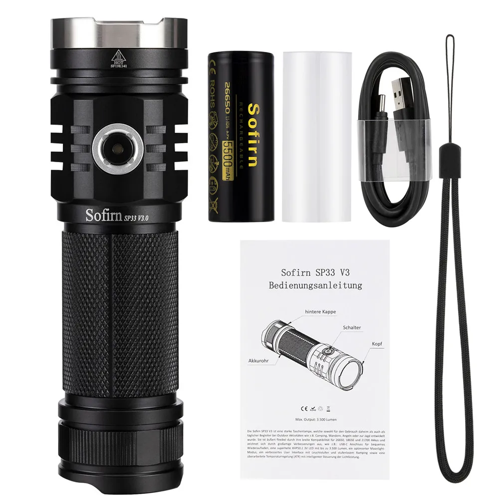 Sofirn SP33V3.0 3500lm Powerful LED Flashlight Type C USB Rechargeable Torch Light Cree XHP50.2 wit