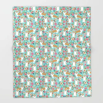 

Dog Corgi Cartoon Throw Blanket Cute Kids Design Welsh Corgi Floral Spring Garden Blankets for Beds Christmas Decorations Home