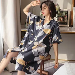 Oversize Summer Print Sleepwear Womens Nighty Bathrobe Sleep Top Homewear Lounge Nightwear Pocket Robes Casual Loose Nightgown