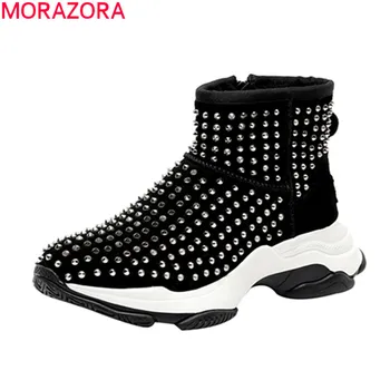 

MORAZORA 2020 New arrival top quality snow boots fashion rivets comfortable low heel zipper black gray ankle boots women