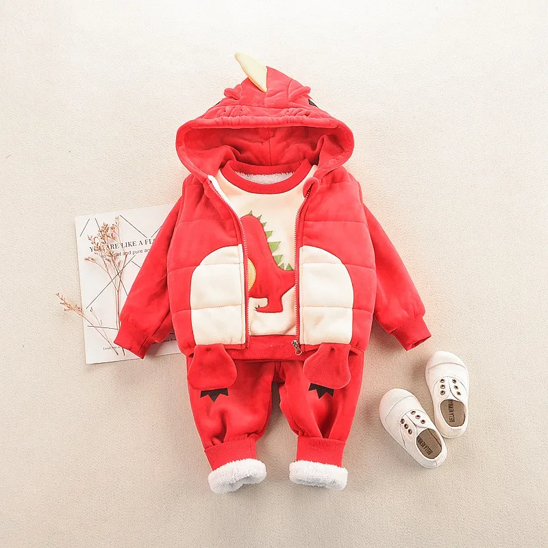 Комплект зимней одежды для мальчиков и девочек 0-4 лет, Повседневный теплый милый детский костюм с мультипликационным принтом, детская одежда, жилет+ толстовка+ штаны - Цвет: Красный