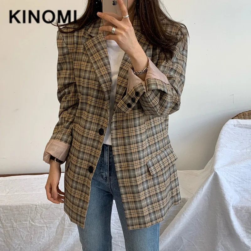 KINOMI Осенняя винтажная клетчатая однобортная Женская куртка с длинным рукавом, пиджак с карманами, женские куртки, пальто для женщин, новинка