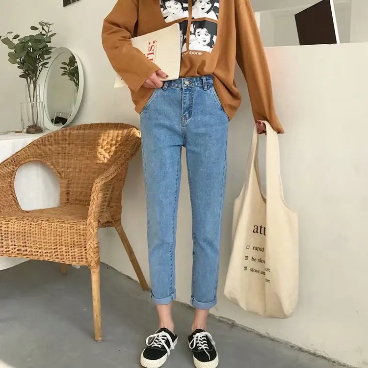 Джинсы женские, большие размеры, 5XL, прямые, однотонные, повседневные, в Корейском стиле, по щиколотку, простые, универсальные, с высокой талией, свободные, повседневные, винтажные, шикарные