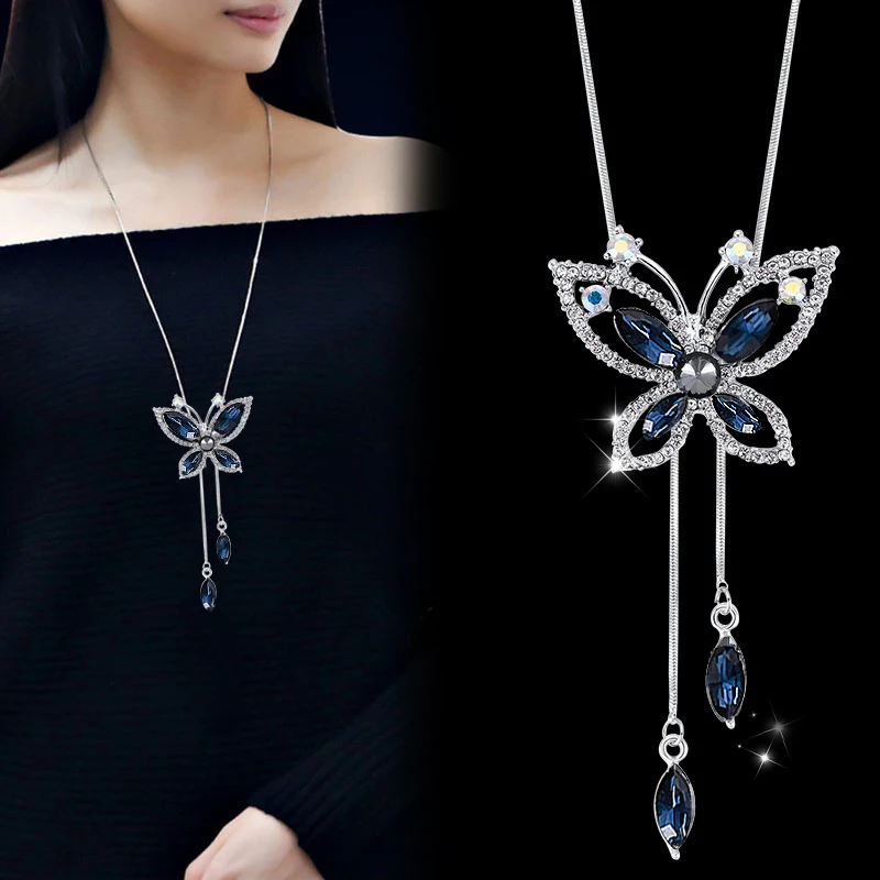 Длинные ожерелья для женщин, модное Кристальное колье с бабочками, ожерелья и подвески, ювелирное изделие, новинка, серебряная, в стиле бохо, цепочка для свитера, бижутерия