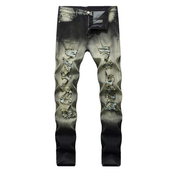 

Denim trousers male Dropshipping hole jeans men patchwork street wear hollow print eg cropped trousers men deni