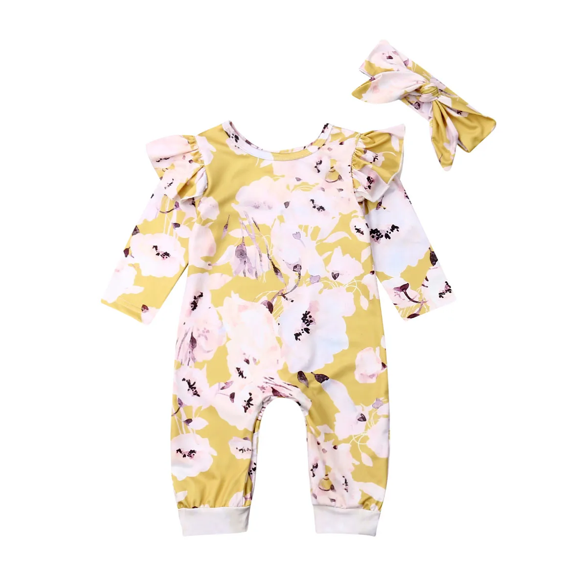 

Baby Romper 2019 Newborn Baby Girls Clothes Warm Soft Floral Romper Overall Headband 2pcs Outfit Set
