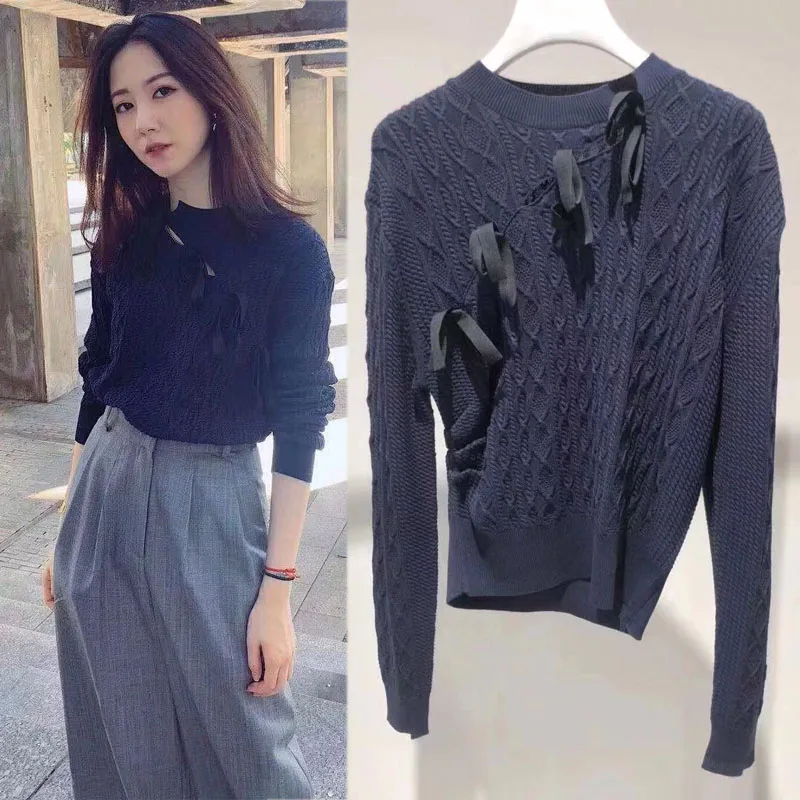 WHITNEY WANG осень зима мода уличная Skew банты свитер женский джемпер Pull femme sueter mujer invierno