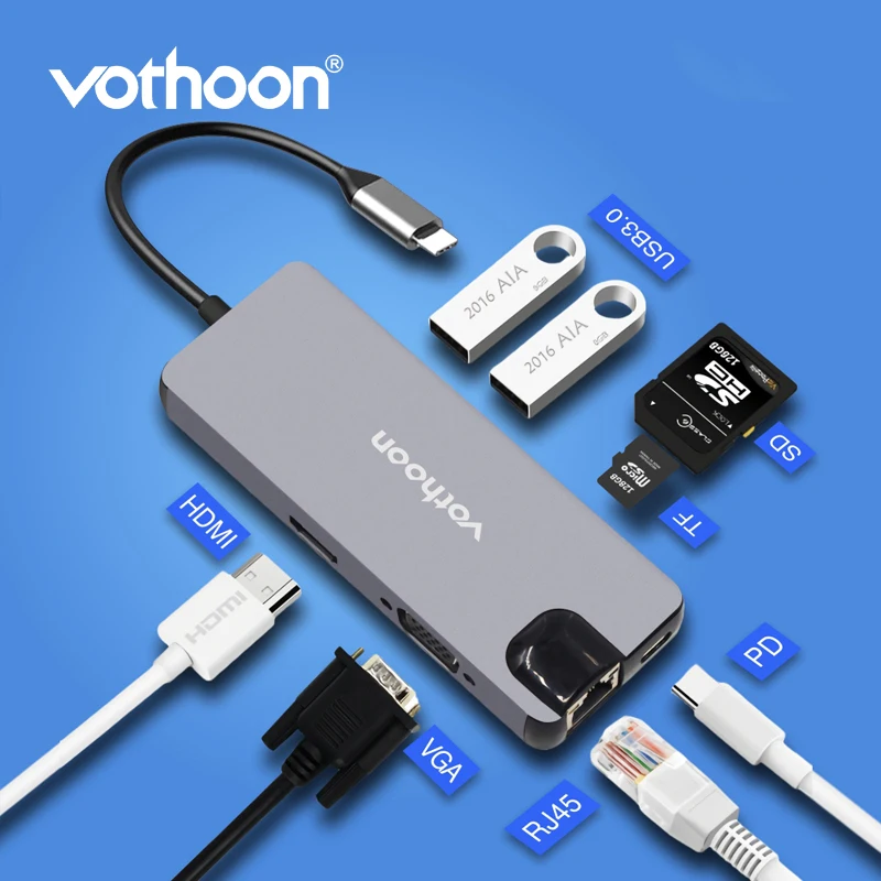 Vothoon USB Type C HUB to HDMI USB3.0 RJ45 SD Card Reader Adapter USB Splitter for MacBook Pro Air