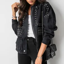 Осенняя Женская куртка с заклепками в стиле Харадзюку, крутая короткая черная джинсовая куртка, Студенческая Базовая куртка, наряд с длинным рукавом, куртка на молнии для женщин