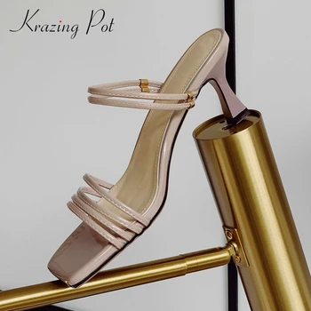 

Krazing pot high quality handmade office lady narrow band square toe women sandals slip on med strange heels summer shoes L98