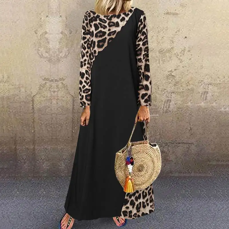 Celmia Dress Fashion Kaftan Patchwork Leopard Maxi Long Dress Women Vintage Dress Long Sleeve Casual Loose Vestidos Party Robe