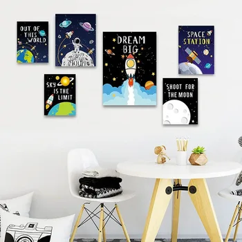 

Cartoon Universe Space Planet Canvas Painting Inspirational Rocket Astronaut Poster Children's Baby Room Bedroom Wall Pictures