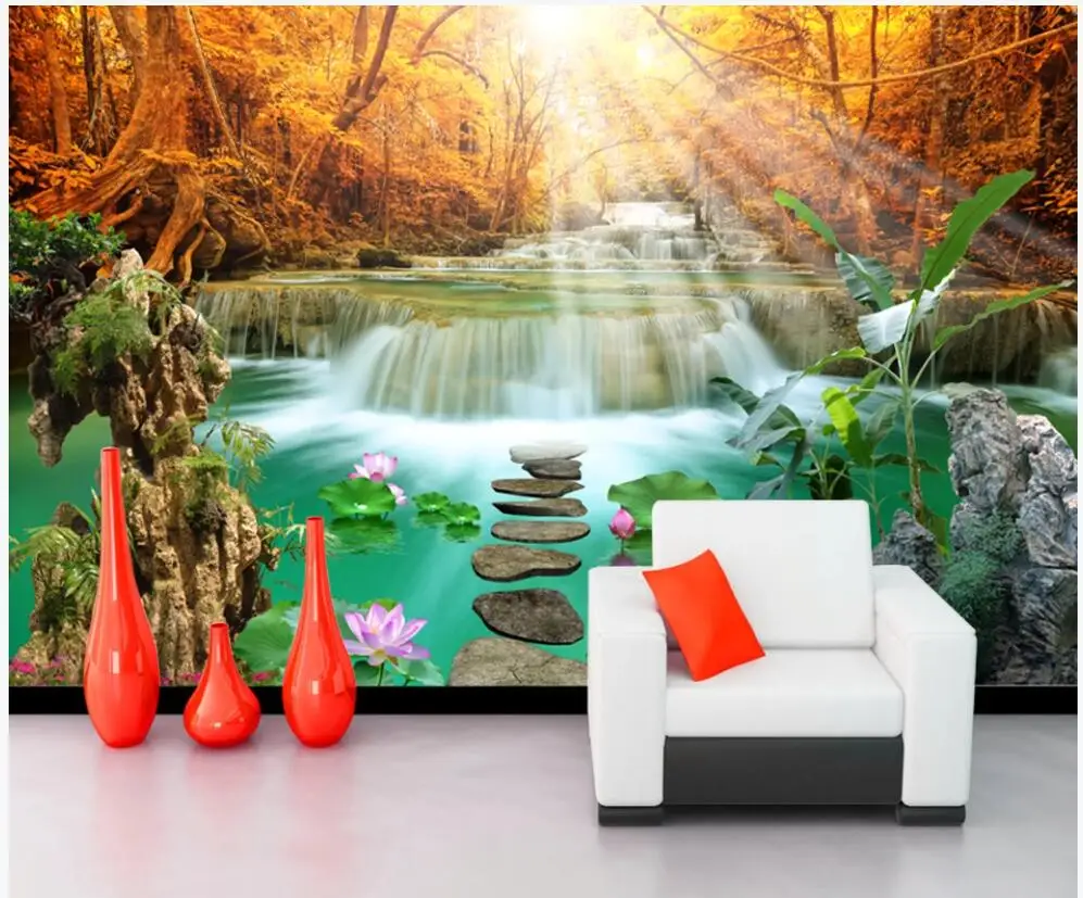 

Custom mural 3d photo wallpaper Autumn forest waterfall lotus landscape interior living room wallpaper for walls 3 d in rolls