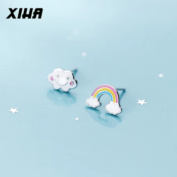 

925 Sterling Silver Earrings 2020 Cute Kawaii Stud Earrings Jewelry for Women Asymmetric Cloud Rainbow Earrings Kids Girl