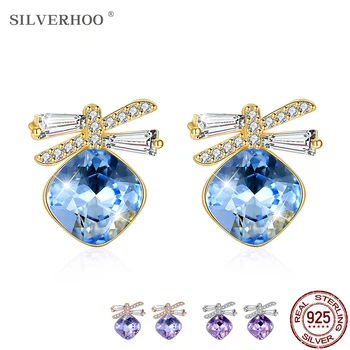 

SILVERHOO 925 Sterling Cute Bowknot Earrings For Women Multicolor Square Austria Crystal Romantic Anniversary Gift New Listing