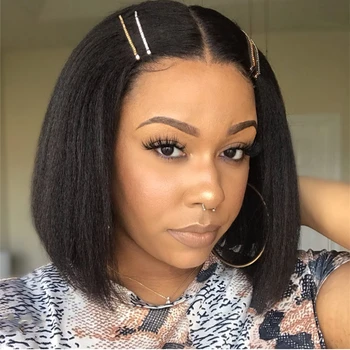 

Kinky Straight Wig Short Bob Human Hair Wigs Brazilian 4x1 Lace Part Wig 150-180 Density Pre Plucked For Black Women Bob Cut Wig