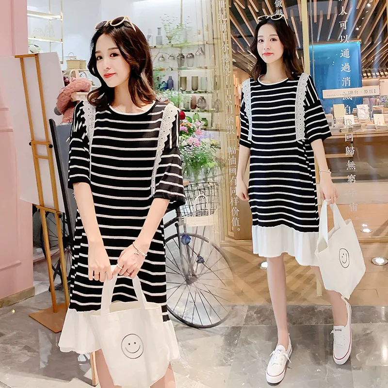 

Maternity Clothes 2019 New Style Pregnant Women Summer New Style Lace Joint Viscose Korean-style Black And White Fishtail Dress