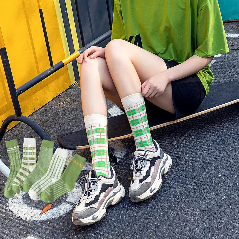 Matcha Checked Striped Socks Women Crew Girl 100 Cotton Casual Thermal Harajuku Style Slipper Green Small Fresh Cozy | Женская одежда