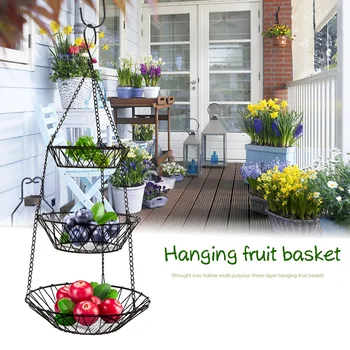 

Iron Home Food Storage Space Saving Country Style Multipurpose Vegetable 3 Tier Living Room Chain Hanging Fruit Basket Plants