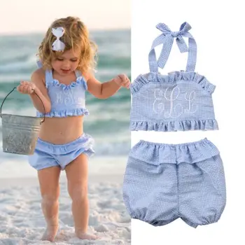 

Toddler Baby Girls Summer 2PCS Bathing Suit Ruffle Seersucker Swimsuits Clothes